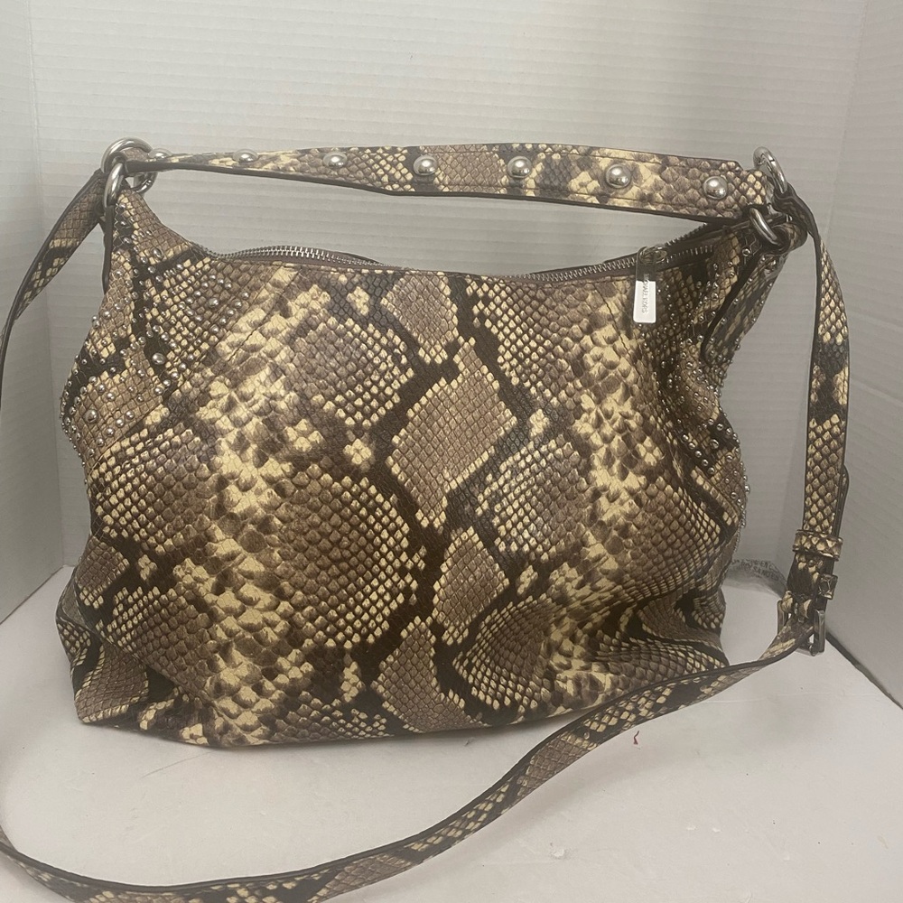 Michael Kors Brown and Tan Snakeskin Shoulder Crossbody Bag with Silver Studs